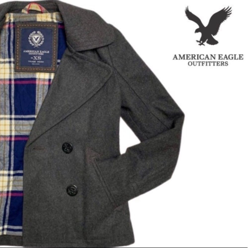 AEO Recycled Wool Blend Charcoal Gray Pea Coat